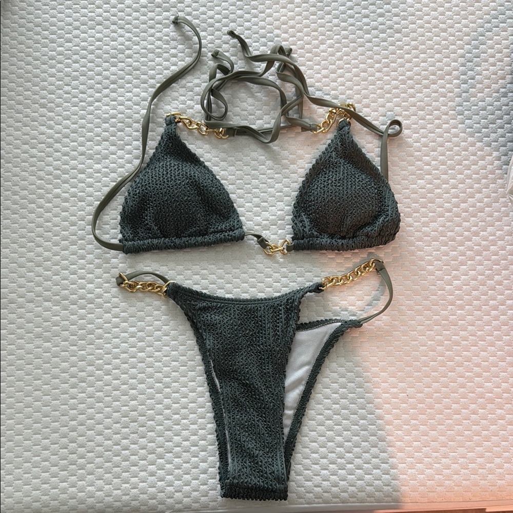 Green Bikini with Gold Chain Accents
